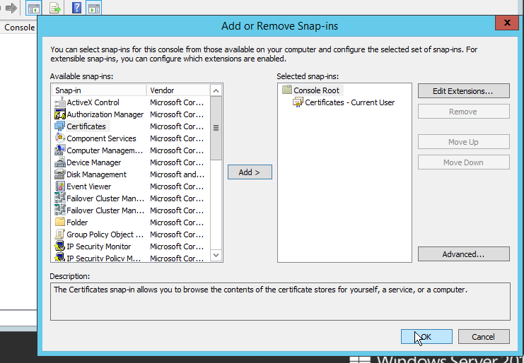 Add Certificates Snap-in in MM Console
