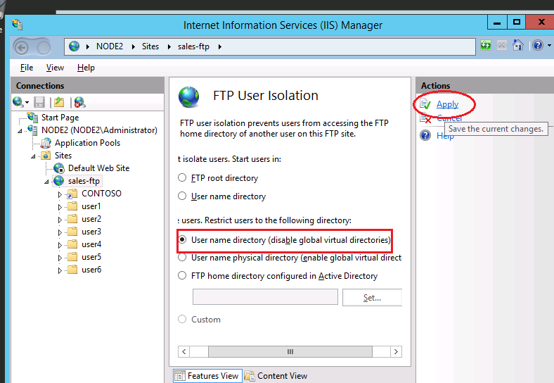 FTP user isolation setting