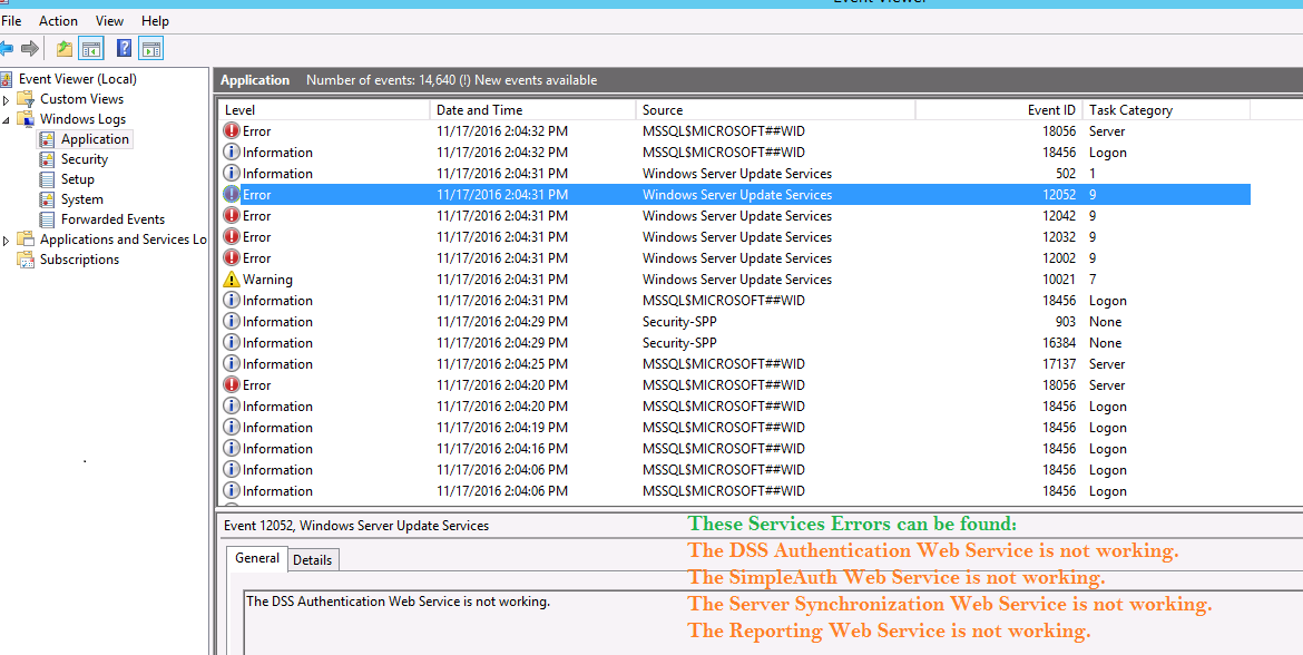 Event Logs showing WSUS related error
