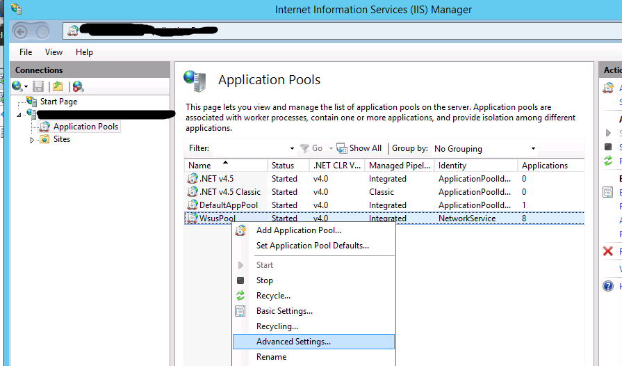 IIS Application Pool Advanced Settings