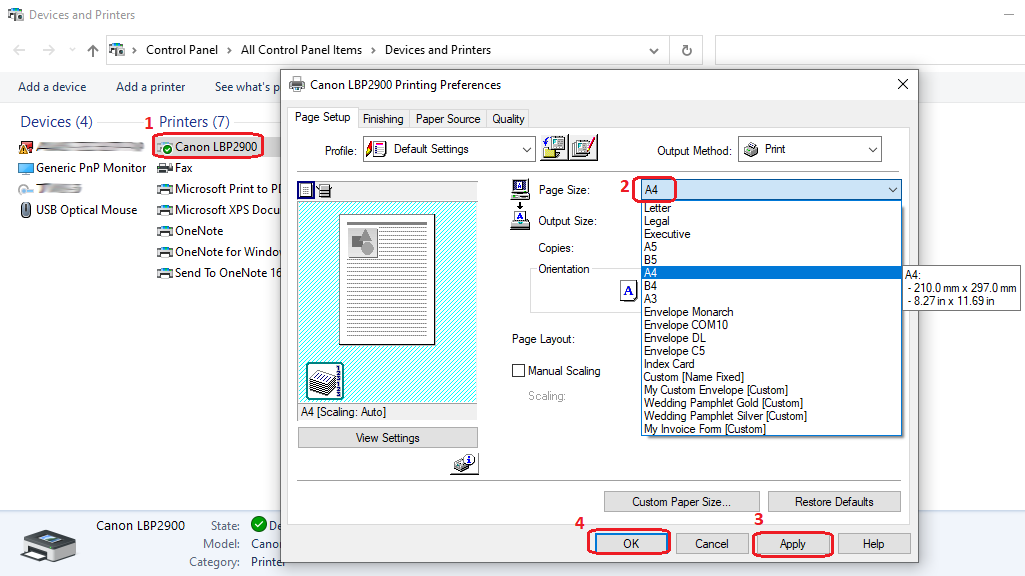 Set Default Page Size in Printer Settings