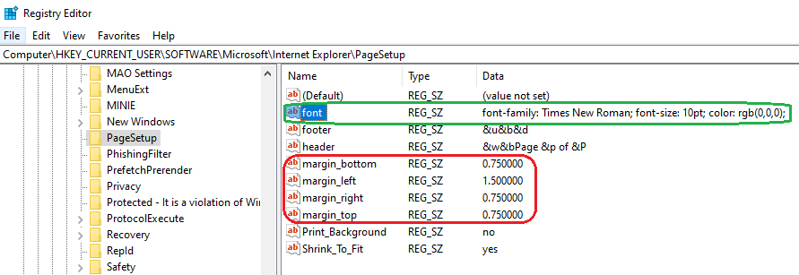 Internet Explorer Page Margin Registry Settings
